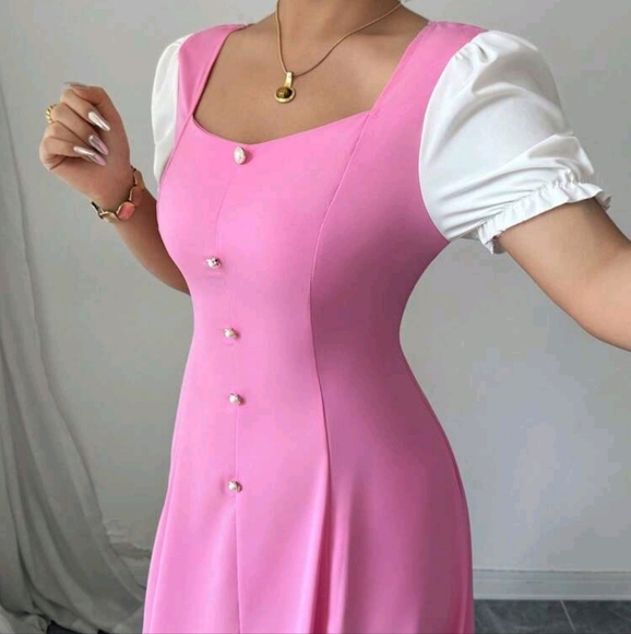 Women's Fuchsia Patchwork White Square Neck Puff Sleeve Cinched Waist Flared - Picture 2 of 4